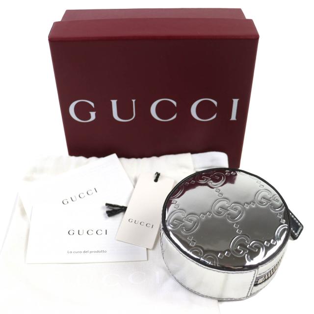 未使用品△GUCCI グッチ 812339 GG柄 パテントレザー 丸型 ポーチ シルバー 箱・保存袋付き イタリア製 レディース_1