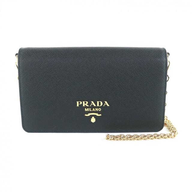 極美品★PRADA プラダ 1BP053 サフィアーノレザー ミニバッグ トライアングルチェーン付 ショルダーバッグ ブラック 伊製 定価374000円