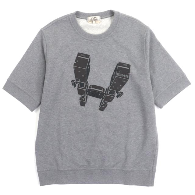 美品▼HERMES エルメス オデッセイ コットン100% クルーネック ショートスリーブ プルオーバー スウェット グレー L イタリア製 メンズ