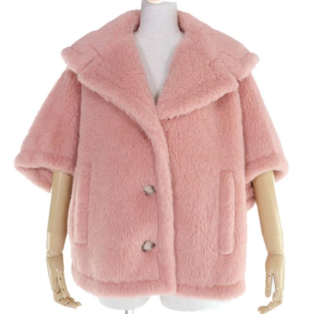 極美品☆Max Mara マックスマーラ 2023年製 23473601376 テディベア ケープコート アルパカ ウール シルク混 ピンク ML 伊製 正規品