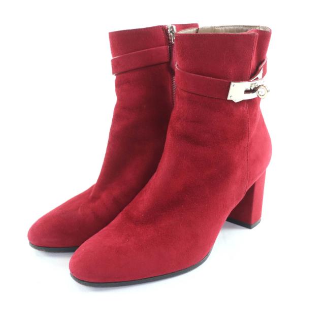 美品★HERMES エルメス サンジェルマン ケリー金具 チャンキーヒール スウェードレザー ショートブーツ ボルドー 35.5 箱・保存袋付き