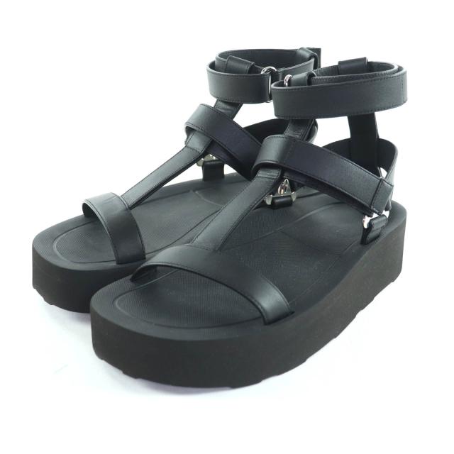 極美品★HERMES エルメス エニド シルバー金具 ベルクロ アンクルストラップ レザー サンダル ブラック 37 箱・保存袋付き イタリア製
