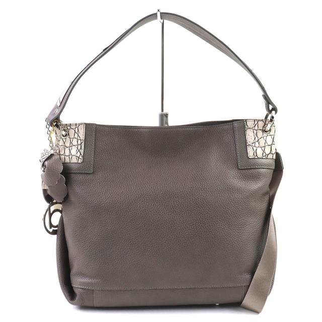 未使用品△BEAUGRAND ボーグラン JRAタグ ロゴチャーム付き クロコ使い レザー 2WAY ハンドバッグ ショルダーバッグ グレー 保存袋付き