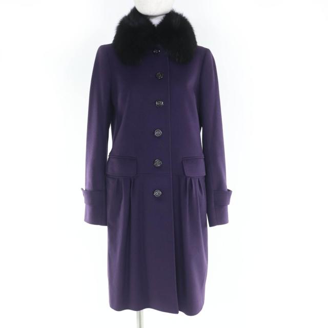 美品☆BURBERRY LONDON バーバリーロンドン ウール カシミヤ フォックスファー付 コート パープル 38 日本製 正規品 レディース