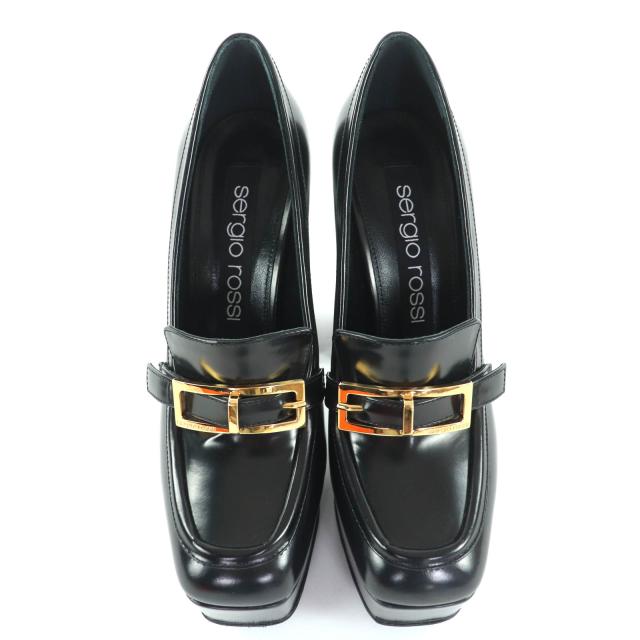 未使用品◇Sergio Rossi セルジオロッシ SR NORA チャンキーヒール レザー パンプス ブラック ゴールド金具 36.5 保存袋付き イタリア製_6