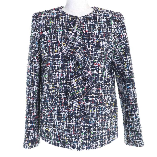 極美品△CHANEL シャネル 20C P62686 ココマークボタン フロントフリル ツイード ノーカラージャケット ネイビー マルチカラー 36 正規品