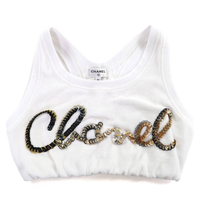 極美品△CHANEL シャネル P72665V64316 コットン ロゴ スパンコール パイル地 クロップド タンクトップ ホワイト 36 イタリア製 正規品