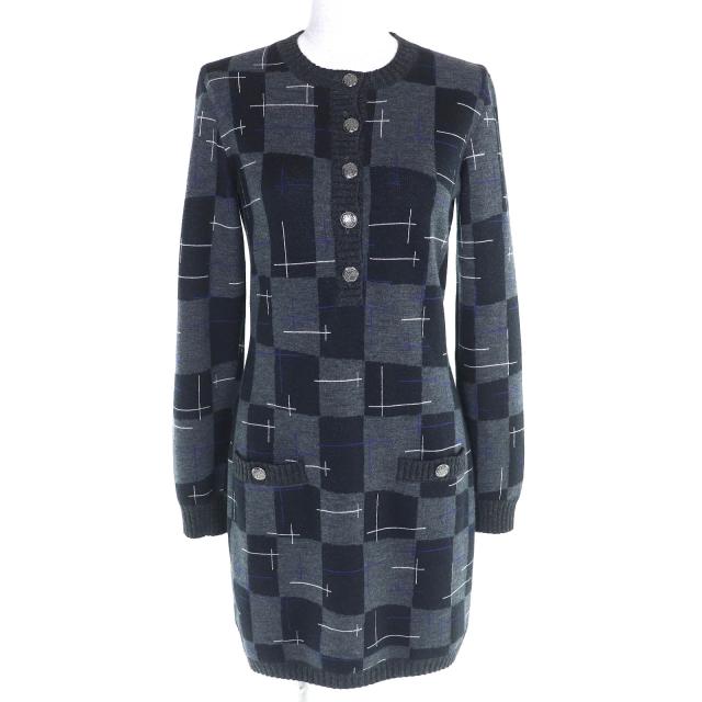 極美品△CHANEL シャネル P71379K10264 カシミヤ ウール ココボタン バックロゴ ニットワンピース グレー 36 フランス製 正規品 レディース