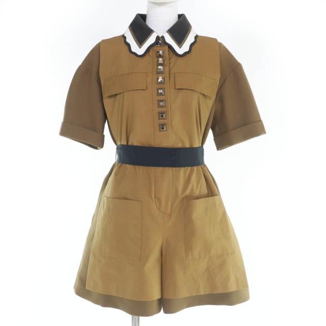 美品☆FENDI フェンディ FD9216 襟ラムレザー・ベルト付 オールインワン オーバーオール ブラウン 38 イタリア製 正規品 レディース