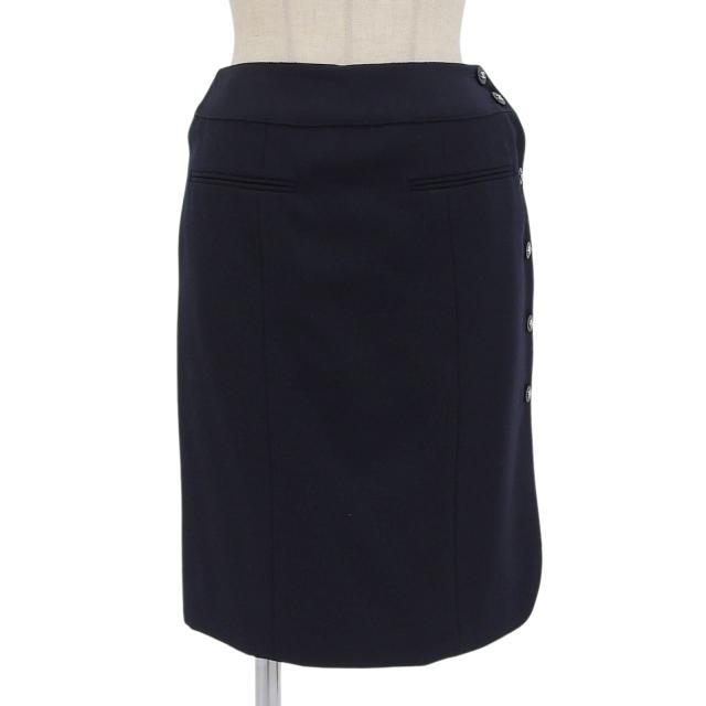極美品▲CHANEL シャネル 96P P06492 ウール100％ ココマークボタン付き ひざ丈 ラップ タイトスカート ダークネイビー 36 正規品