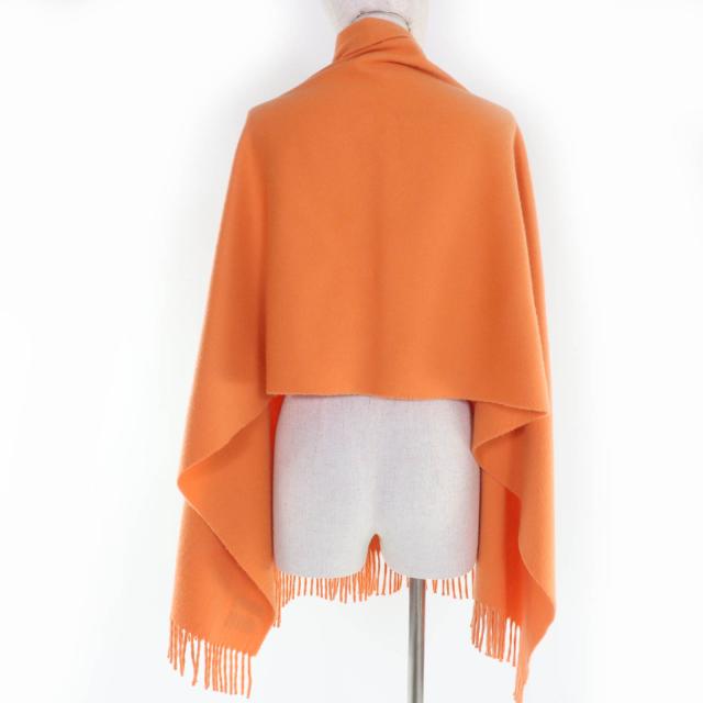新品未使用 HERMES エルメス ショール エルメスの世界 ナチュレ オレンジ 良品☆HERMES エルメス カシミヤ100％ ロゴ刺繍 フリンジ付 大判