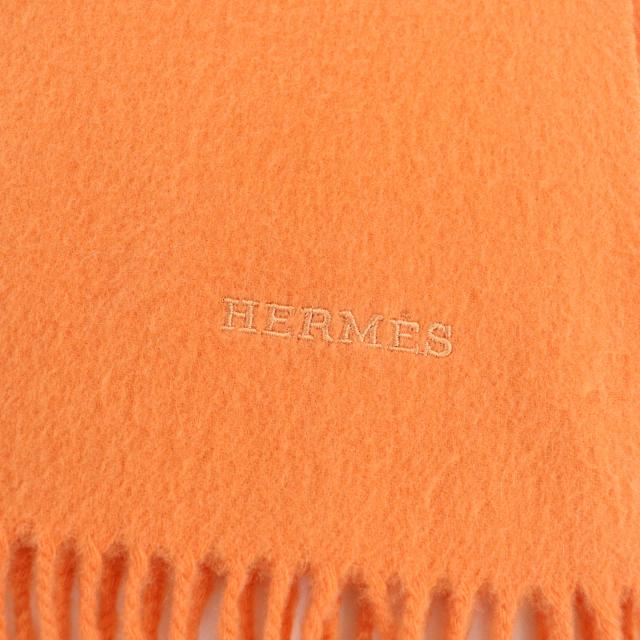 良品☆HERMES エルメス カシミヤ100％ ロゴ刺繍 フリンジ付 大判 ショール ストール マフラー オレンジ レディース_5