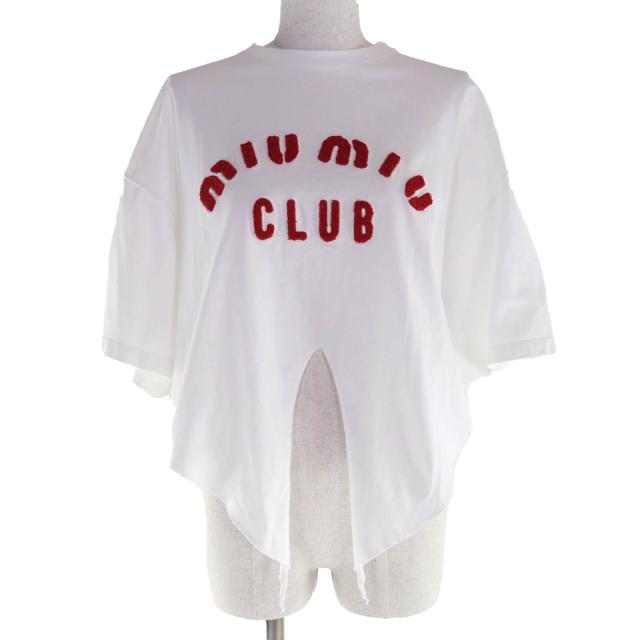 極美品★MIUMIU ミュウミュウ 2021年製 MJN355 コットン100％ ロゴ刺繍 クロップド 半袖Ｔシャツ ホワイト XS 伊製 正規品 レディース