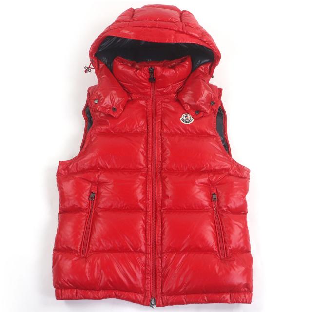 極美品□MONCLER モンクレール BORMES ロゴワッペン WZIP フーデッド ダウンベスト ジレ レッド 1 正規品 メンズ レディース オススメ◎