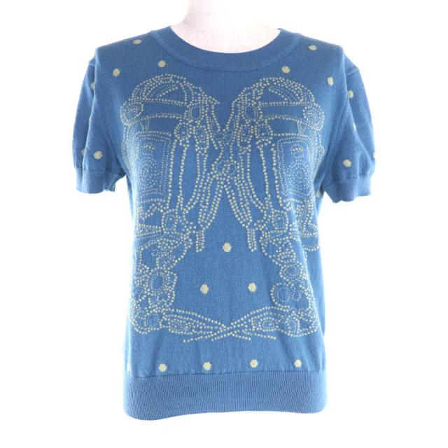極美品★HERMES エルメス 23SS 3E2623D8 カシミヤ混 BRIDES de GALA ドット柄 クルーネック 半袖ニット ブルー 40 イタリア製 正規品