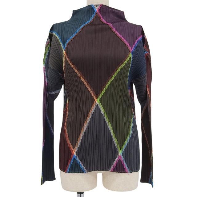極美品▲PLEATS PLEASE プリーツプリーズ イッセイミヤケ PP64-JK125 ダイヤ柄 長袖カットソー マルチカラー 3 日本製 正規品 レディース