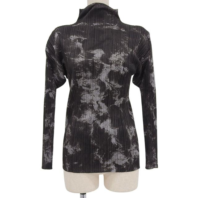 極美品▲PLEATS PLEASE プリーツプリーズ イッセイミヤケ PP94-JK591 マーブルプリント ボトルネック 長袖 カットソー 3 日本製 正規品