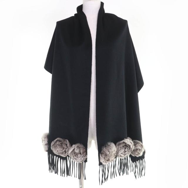 美品☆FENDI フェンディ カシミヤ100％ チンチラ ロゴ刺繍 フリンジ付 大判 ストール マフラー ブラック イタリア製 レディース
