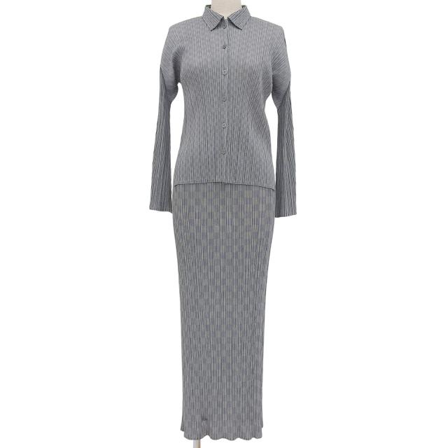 極美品▲PLEATS PLEASE プリーツプリーズ イッセイミヤケ PP31-JJ962 PP31-JG965 セットアップ グレー ライトブルー 3 日本製 正規品