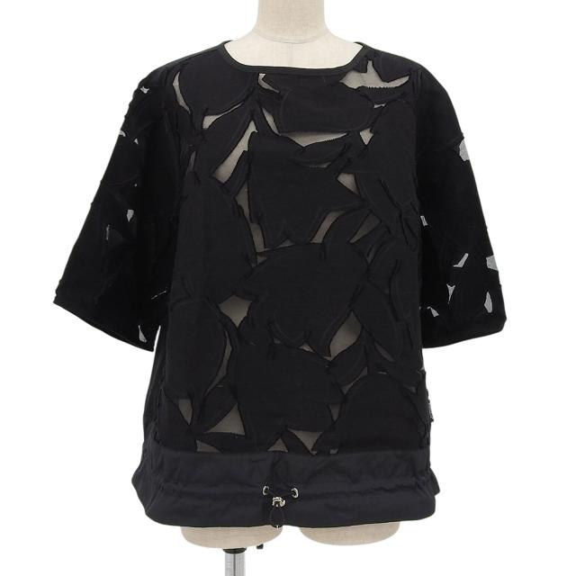 美品▲MONCLER モンクレール MAGLIA GIROCOLLO コットン シルク混 シアー 半袖 カットソー ブラック L イタリア製 正規品 レディース