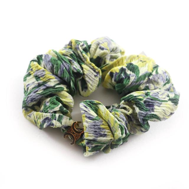 美品★CELINE セリーヌ 460AH2SIB シルク100％ トリオンフ シュシュ 花柄 ヘアアクセサリー グリーン イエロー 箱付き フランス製