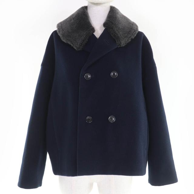 美品☆45rpm ４５アールピーエム ウール 襟ムートン メルトンPラップジャケット ショート丈コート ネイビー 2 日本製 正規品 レディース