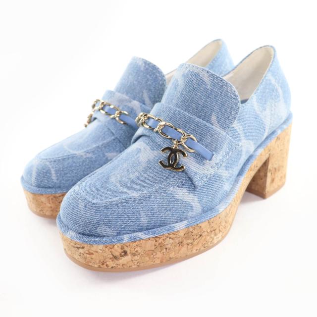 未使用品★CHANEL シャネル 23B G45142 ココマーク金具付 チェーン装飾 デニム ローファー インディゴ 36 箱・保存袋付 伊製 レディース