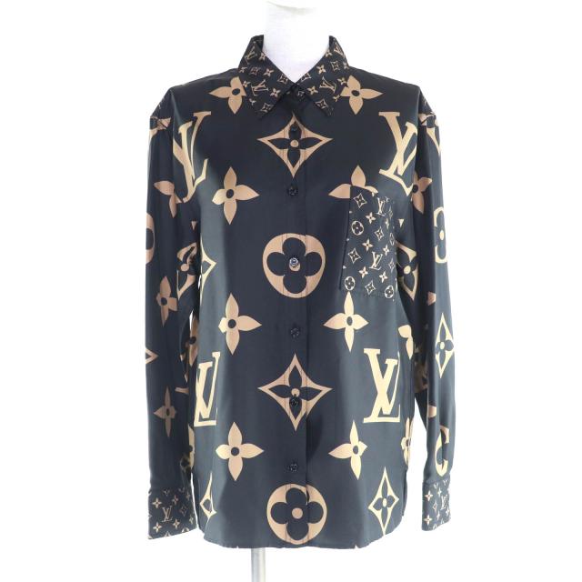 未使用品★LOUIS VUITTON ルイヴィトン 23SS シルク100% ロゴボタン付 長袖 モノグラム シャツ ブラック ベージュ 38 イタリア製 正規品