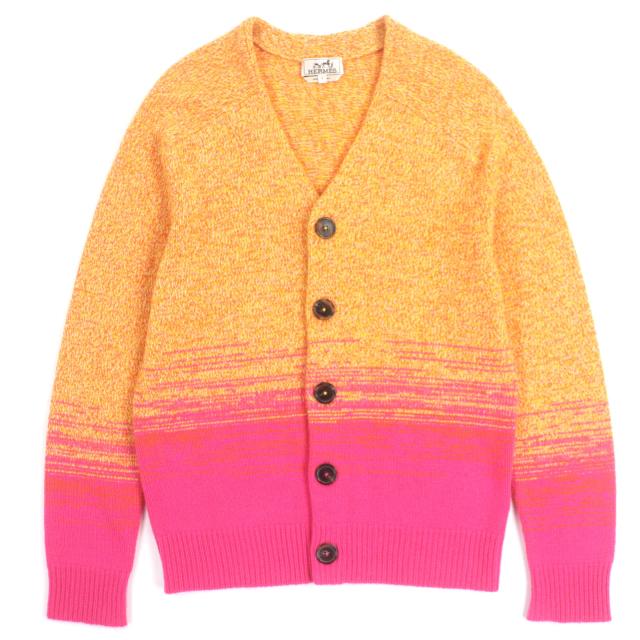 極美品▼HERMES エルメス 22SS カシミヤ100% グラデーション Vネック ニット カーディガン オレンジ ピンク S イタリア製 正規品 メンズ 50,820円