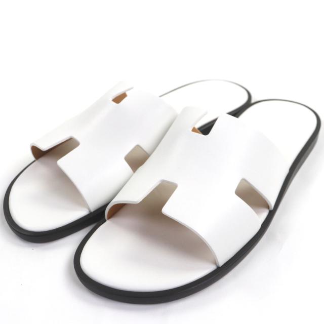 未使用品▼HERMES エルメス イズミール Hモチーフ レザーサンダル スライドサンダル ホワイト 42 箱・保存袋付き イタリア製 メンズ