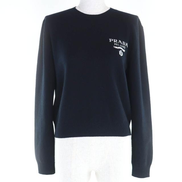 美品◇PRADA プラダ 2022年製 P24S1L バージンウール カシミヤ ロゴ入り 長袖ニット セーター ブラック 36 イタリア製 正規品 レディース