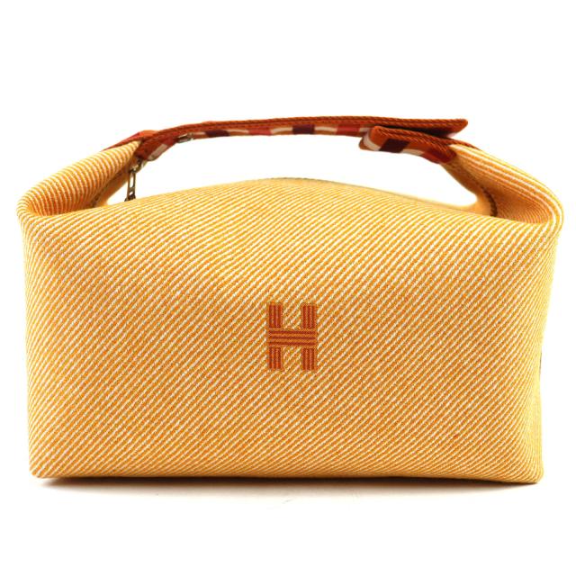 未使用△HERMES エルメス ブリッド ア ブラック GM オ カレ ウール100％ セリエボタン Hロゴ ポーチ ハンドバッグ オレンジ シルバー金具