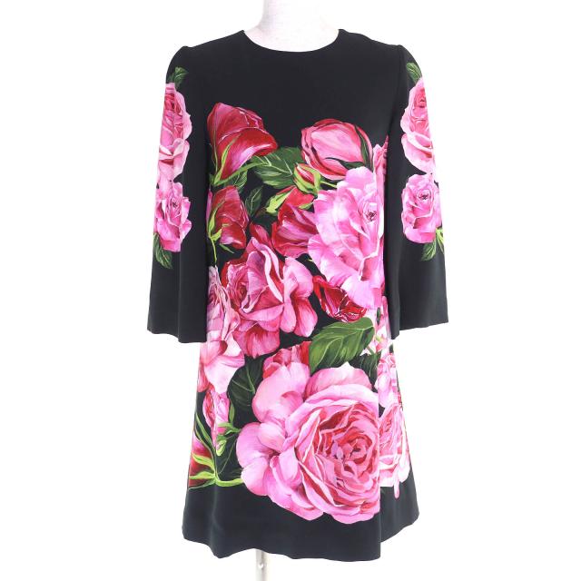 極美品△DOLCE&GABBANA ドルチェ＆ガッバーナ 黒タグ ローズプリント 七分袖 ドレス ワンピース ミニ丈 ブラック ピンク 38 伊製 正規品