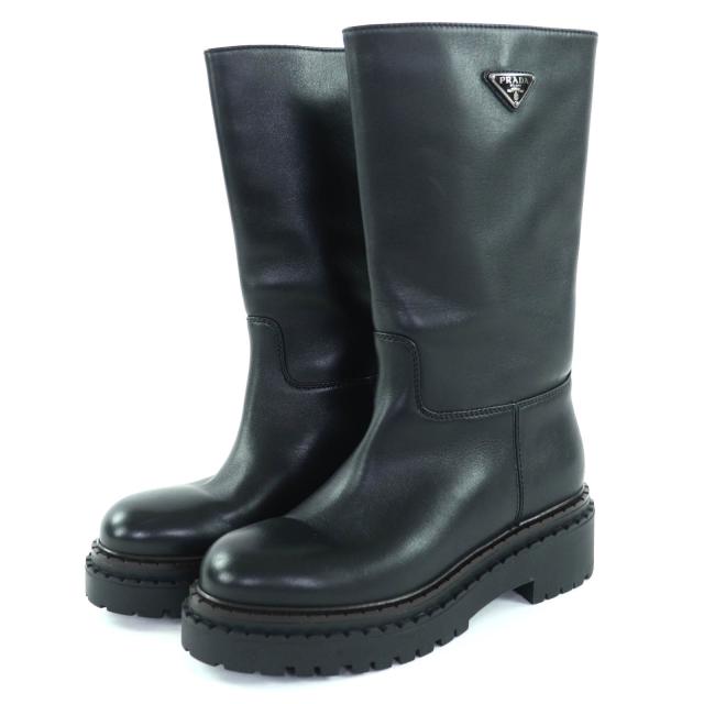 美品◇PRADA プラダ 1U635N トライアングルロゴプレート付き ミドル丈 レザー ロングブーツ ブラック 36 イタリア製 レディース