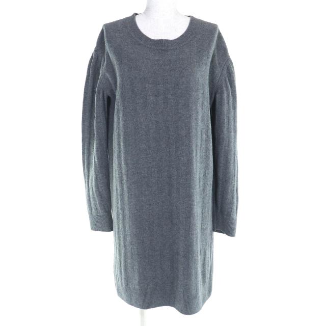 美品△HERMES エルメス 21AW ウール100％ H柄 クルーネック 長袖 ニット ドレス ワンピース グレー 42 イタリア製 正規品 レディース