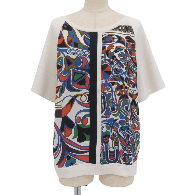 極美品▲HERMES エルメス FOLKLORE フォルクロール コットン シルク ツイルレーヌ 半袖ニット トップス マルチ 42 フランス製 レディース