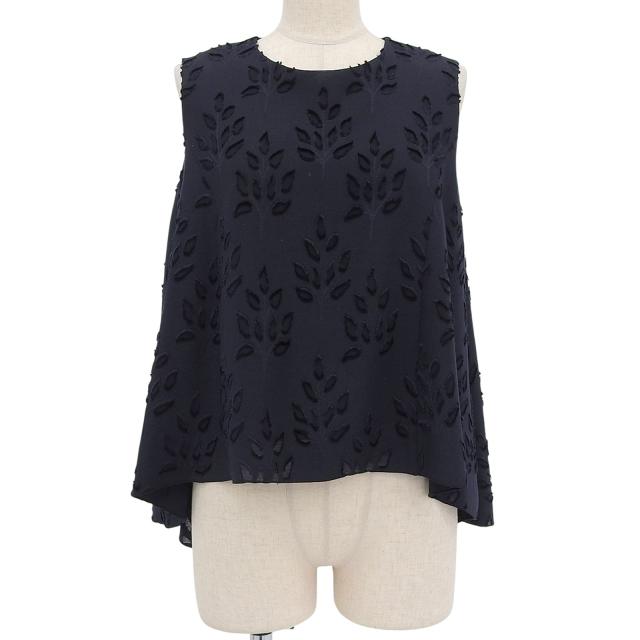 美品▲FOXEY フォクシー 40132-ABFZ406P 立体フラワー ノースリーブ ブラウス トップス ダークネイビー 40 日本製 正規品 レディース