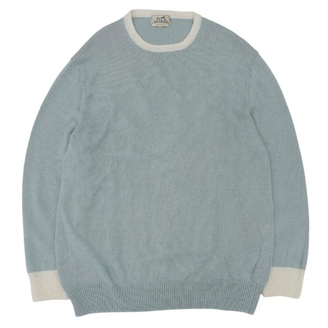 美品▲HERMES エルメス リネン100％ クルーネック 長袖 ニット サマーセーター ブルーグリーン ホワイト XXL イタリア製 正規品 メンズ