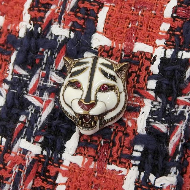 極美品▲GUCCI グッチ 516588 コットン混 タイガーボタン付き チェック柄 ひざ丈 ツイードスカート マルチ 38 伊製 正規品 レディース_2