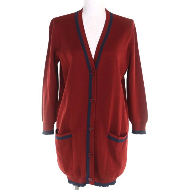 美品◇HERMES エルメス シルク カシミヤ ロゴボタン Vネック ライン入り カーディガン ボルドー ネイビー 38 伊製 正規品 レディース