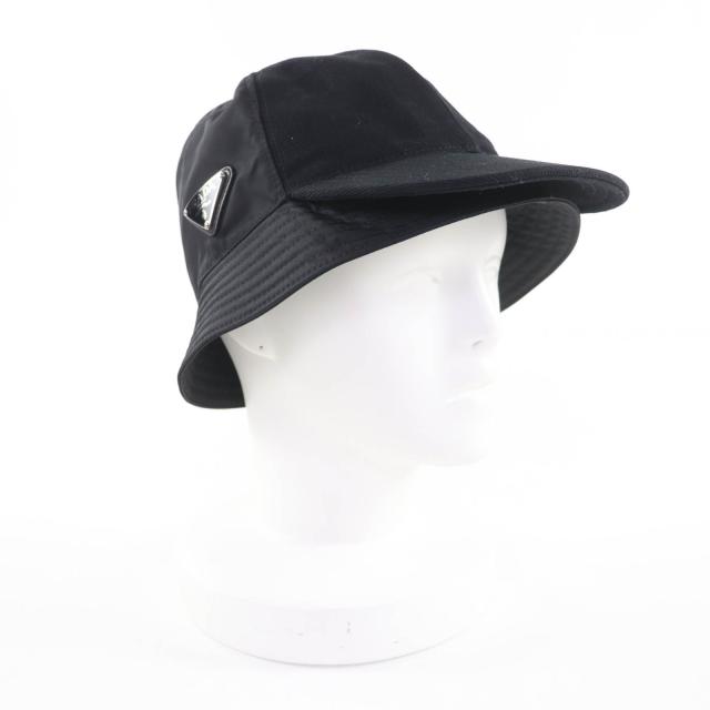 美品☆PRADA プラダ 2HC281 トライアングルロゴ Re-Nylon バケットハット 帽子 ハット ブラック M イタリア製 正規品 レディース