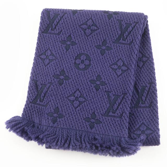 美品☆LOUIS VUITTON ルイヴィトン 2015年製 M75703 エシャルプロゴマニア ウール シルク フリンジ付 ニット マフラー パープル 正規品