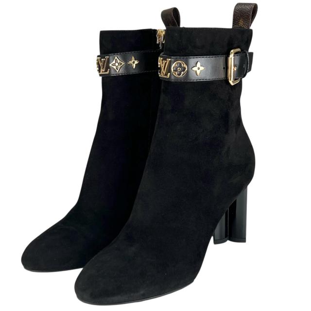 極美品▲LOUIS VUITTON ルイヴィトン 2021年製 1A965S シルエット ライン スウェードレザー アンクルブーツ ブラック ゴールド金具 35
