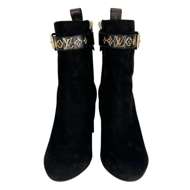 極美品▲LOUIS VUITTON ルイヴィトン 2021年製 1A965S 影ぼうし 生産ライン スウェードレザー アンクルブーツ 黒いこと ゴールド金具 35