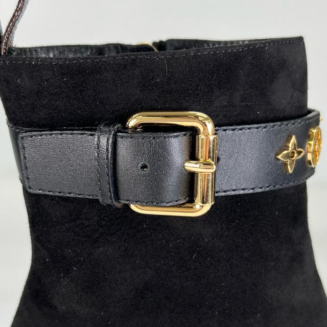 極美品▲LOUIS VUITTON ルイヴィトン 2021年製 1A965S 影ぼうし 生産ライン スウェードレザー アンクルブーツ 黒いこと ゴールド金具 35