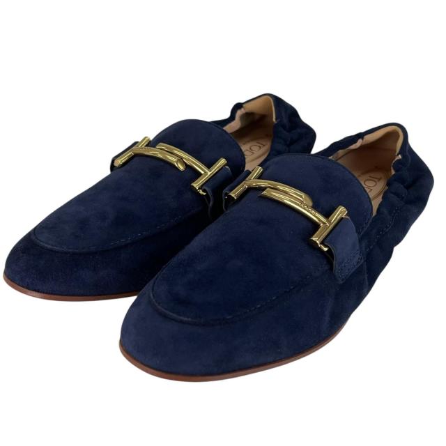 未使用品▲TOD’S トッズ ダブルT スウェードレザー ローファー スリッポン ネイビー ゴールド金具 36 箱・保存袋付き 伊製 レディース