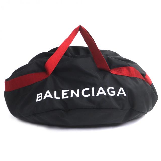 美品▼BALENCIAGA バレンシアガ 489941 ホイール ナイロン ロゴ刺繍 巾着型 大型 ボストンバッグ ブラック レッド メンズ レディース　
