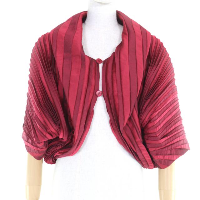 極美品◇ISSEY MIYAKE イッセイミヤケ 3Dスチーム ストレッチ プリーツ 変型 ボレロ カーディガン レッド系 2 日本製 正規品 レディース