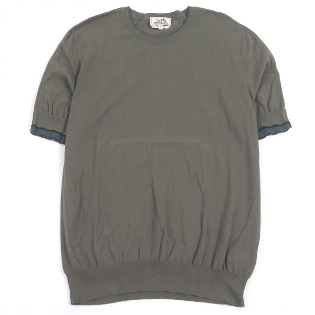 美品□HERMES エルメス 21SS コットン100％ 袖ドッキングデザイン クルーネック 半袖ニット セーター カーキ XL イタリア製 正規品