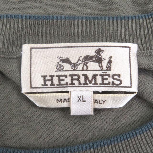 美品□HERMES エルメス 21SS コットン100％ 袖ドッキングデザイン クルーネック 半袖ニット セーター カーキ XL イタリア製 正規品_3